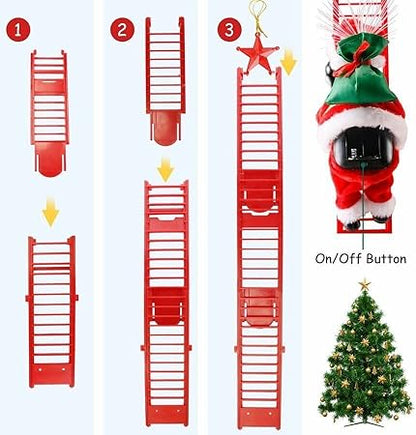 Black Santa Claus Climbing Ladder to Christmas Tree, African American Santa Christmas Decoration with Music Lights, Include Instructions for Tree Hanging Ornament, Xmas Gift