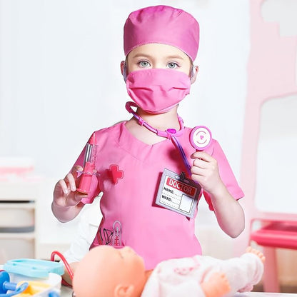 Kids Scrubs for Girls Kids Doctor Costume 7pcs Play Kits with Costume and Accessories for Halloween Parties