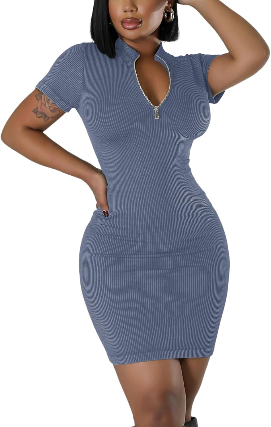 Large Size, Ribbed Bodycon Dresses for Women Short Sleeve Summer Zip Up Front Casual Mini Tank Dress