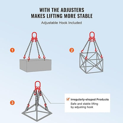 VEVOR Chain Sling, 5/16 inch x 10 ft Lifting Chains with Hooks, G80 Engine Chain Hoist Lifts, 11000 lbs/5 Ton Lifting Sling Chains for Engine Hoist, Engine Lift Chain with 4 Leg Grab Hooks & Adjusters