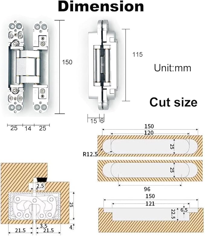 2 Pack Hidden Door Hinges, 6 inch 3-Way Adjustable Concealed Hinges Zinc Alloy 180 Degree Swing Invisible Door Hinges (Silver)