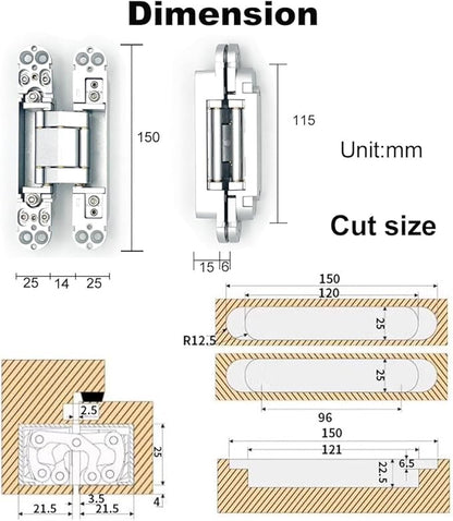 2 Pack Hidden Door Hinges, 6 inch 3-Way Adjustable Concealed Hinges Zinc Alloy 180 Degree Swing Invisible Door Hinges (Silver)