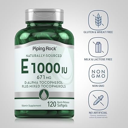 Piping Rock Vitamin E 1000 IU Softgels  120 Count  with D-Alpha and Mixed Tocopherols  Gluten Free, Non-GMO Supplement