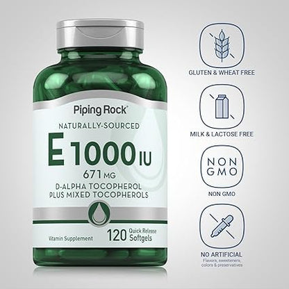 Piping Rock Vitamin E 1000 IU Softgels  120 Count  with D-Alpha and Mixed Tocopherols  Gluten Free, Non-GMO Supplement