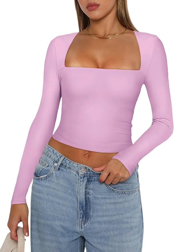 REORIA Women's Basic Sexy Square Neck Long Sleeve Y2K Going Out T Shirt Crop Top