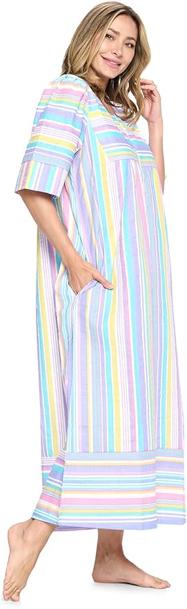 Casual Nights Women's Zip Front Woven House Dress | 3/4 Sleeves Housecoat Long Duster Lounger