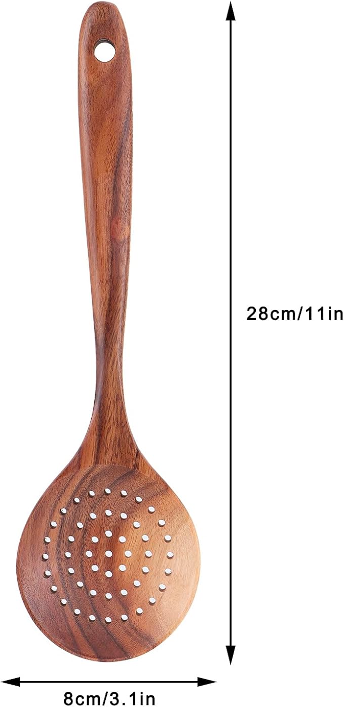 Wooden Strainer Spoon, 11 inch Teak Wooden Slotted Spoon Long Handle Colander Ladle Skimmer Scoops for Home Kitchen Cooking Tool