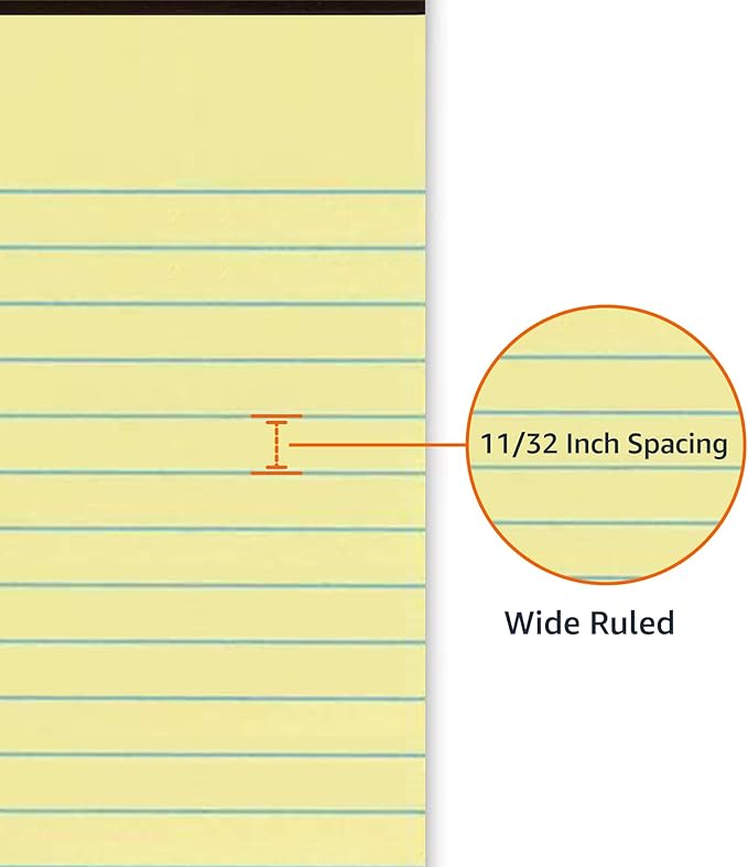 Basics Wide Ruled Lined Writing Note Pad, 8.5" x 11.75", Canary, 600 Perforated Sheets, 12-Pack of 50