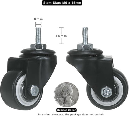 ZIIYAN 1.5 inch Stem Caster Wheels, Black Threaded Stem Caster Wheel?M6 x 15mm PU No Noise Swivel Castors with 360 Degree Rotation, Pack of 4 (One with Brake)