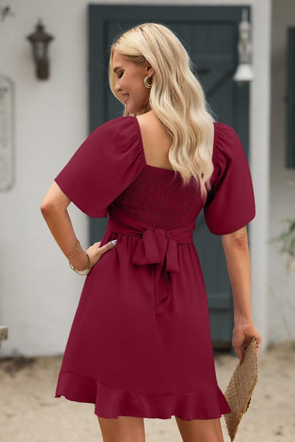 Dokotoo Women's Wrap V Neck Short Flared Sleeve Wedding Guest Dress Smocked Elastic Waist Tiered Belted Ruffle Hem Mini Dress