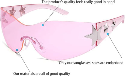 Rimless Y2K Sunglasses Star Wrap Around Glasses 2000S Accessories for Women Men Trendy Fashion Cool Shield Shades