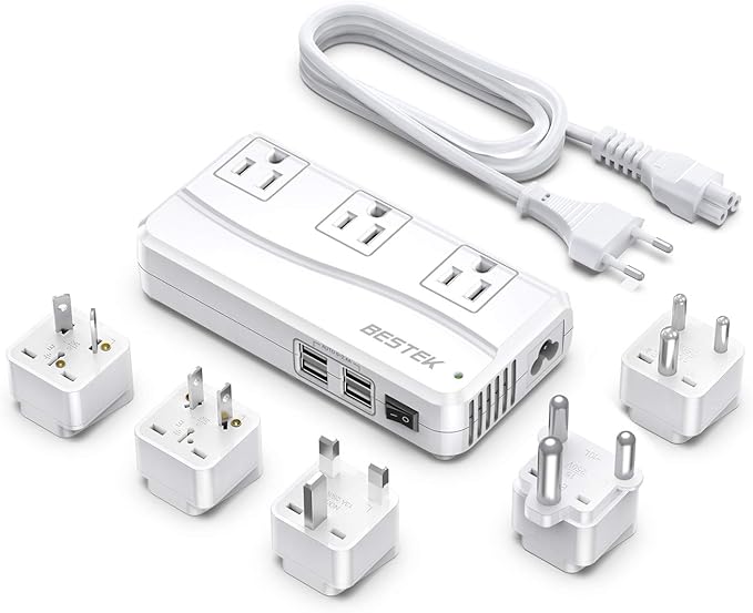 BESTEK International Power Adapter 250W, 220V to 110V Step Down Travel Voltage Converter with 4-Port USB Including USAUEUUKIndiaSouth Africa Plug Adapter (White)