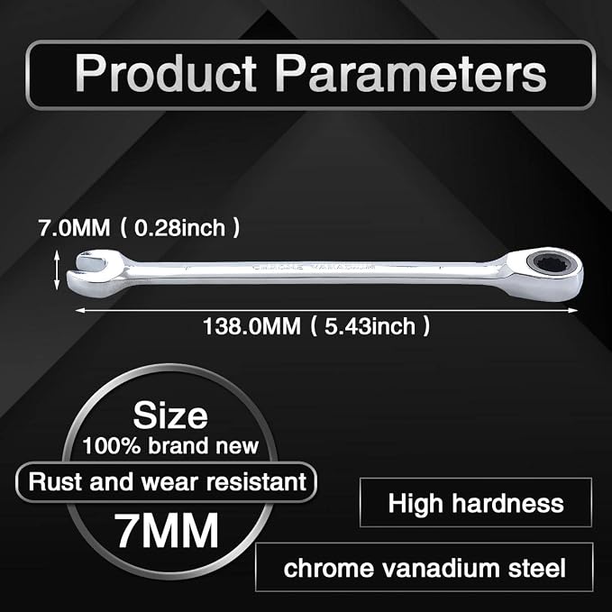 KATUR 7mm Fixed Ratcheting Wrench and Handle Spanners Hand Tools Set Chrome Vanadium Steel Metric Combination Ended Standard Kit (7mm)