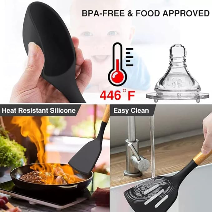 Utoolmart Silicone Slotted Spatula, Silicone Spatula Cooking Utensils for Non-Stick Pans, High Heat-Resistant Wok Spatula with Wooden Handle, for Cooking, Baking, Stir-Fry, Black, 1 Pcs