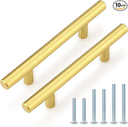 Probrico 10 Pack 4 Inch Center-to-Center Kitchen Cabinet Pulls T Bar Gold Cabinet Handles Modern Drawer Hardware Dresser Pulls, 6-45 Inch Total Length
