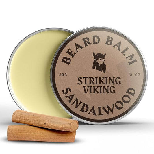 Striking Viking Beard Balm for Men  Light Hold, Sandalwood, 2 Oz - Leave-in Beard Conditioner with Shea Butter, Tea Tree, Argan  Jojoba Oils - Smooth, Shape  Moisturize Coarse, Dry Facial Hair