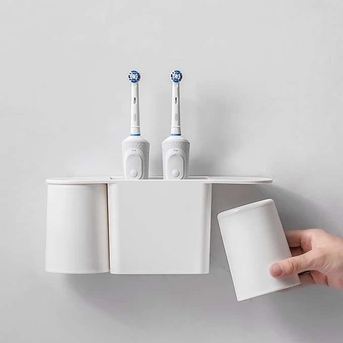 Wall-Mounted Toothbrush and Toothpaste Holder - Self-Draining Design, Easy Installation, Space-Saving, White (Double - Two Magnetic Cups)
