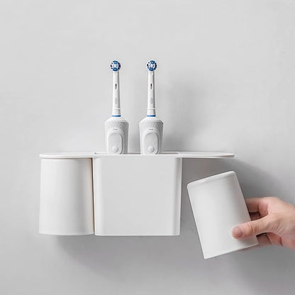 Wall-Mounted Toothbrush and Toothpaste Holder - Self-Draining Design, Easy Installation, Space-Saving, White (Double - Two Magnetic Cups)