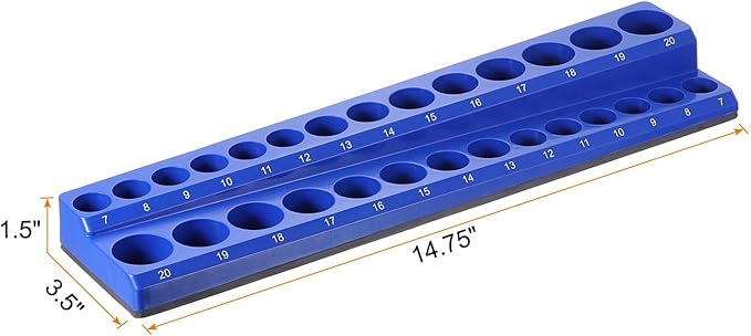 HARFINGTON Magnetic Socket Organizer 38" Drive Metric Socket Holder Tray Socket Storage Rack Holds 30 Standard and Deep Size Sockets, Blue