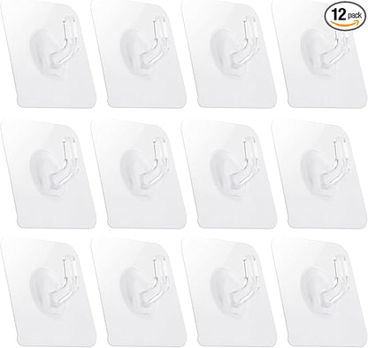 12 Pack Adhesive Hooks Clear Plastic Waterproof Heavy Duty Sticky Wall Ceiling Door Window Pothook Home Kitchen Bathroom Shower Office for Hanging Hat Towel Picture Coats (12)