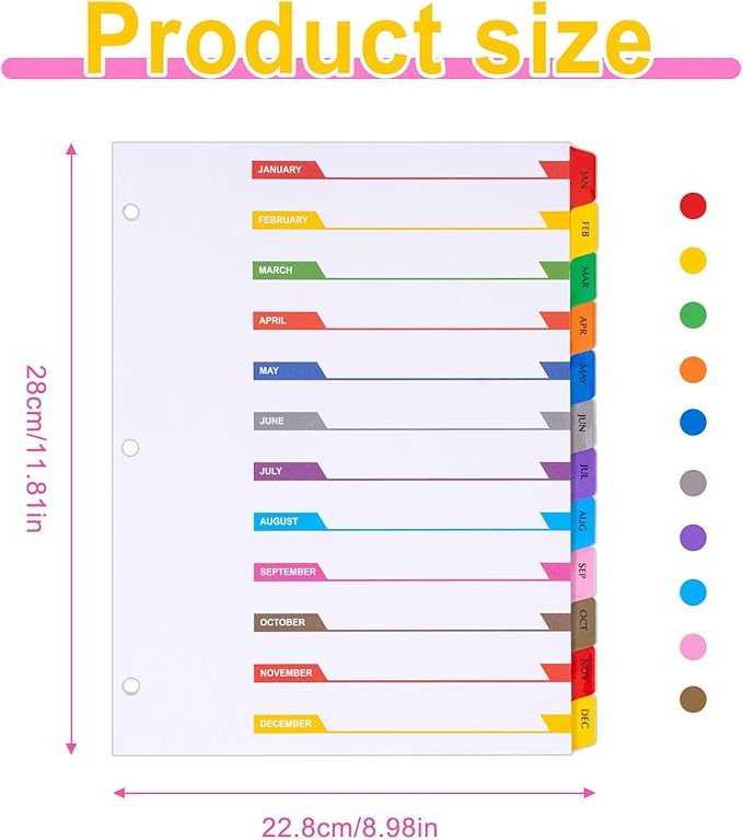 Monthly Dividers for 3 Ring Binder, 12 Month Tabs, Multicolor Month Tabs Binder Dividers - with Table of Contents Page, 3 Set