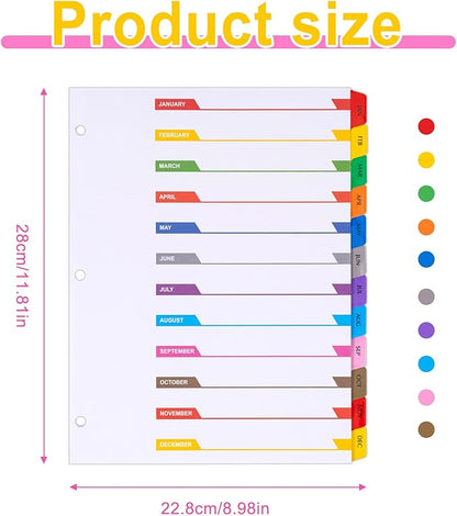 Monthly Dividers for 3 Ring Binder, 12 Month Tabs, Multicolor Month Tabs Binder Dividers - with Table of Contents Page, 3 Set
