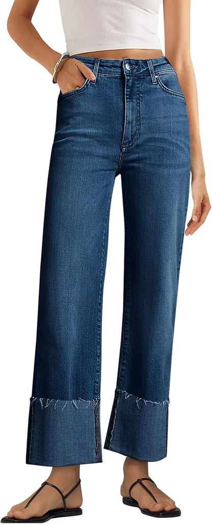 KUNMI Women's Wide Leg Jeans High Waisted Straight Leg Stretchy Denim Pants with Pockets