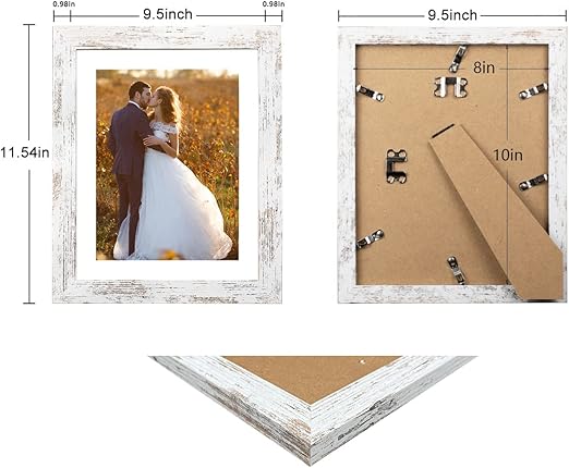 Capcillin 8x10 Picture Frame Wood Patten Distressed White Set of 2, Each Frame with Mat,Display 8x10 Picture Without mat or 5x7 Photos with Mat Wall Decor Table Top(CP001-MD8x10RW)