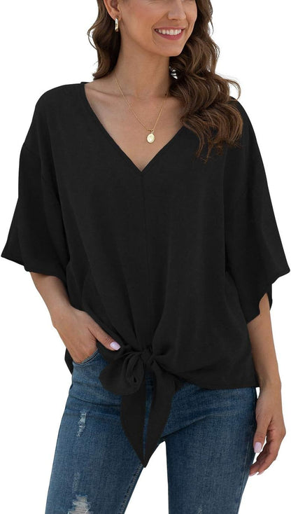 VIISHOW Womens Tie Front Chiffon Blouses V Neck Batwing Short Sleeve Summer Tops Shirts Cropped Top