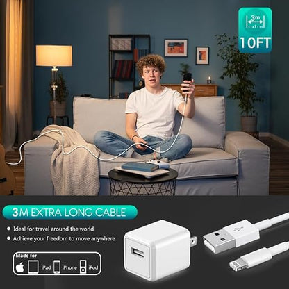 iPhone Charger,Extra Long 1 Pack 10FT Lightning Cable Cube i Phone 12 Charger Charging Transfer Cord Cable with USB Plug Wall Charge Block Travel Adapter for iPhone 14/13/12/11/SE2022/8/7/XS/XR/X/iPad