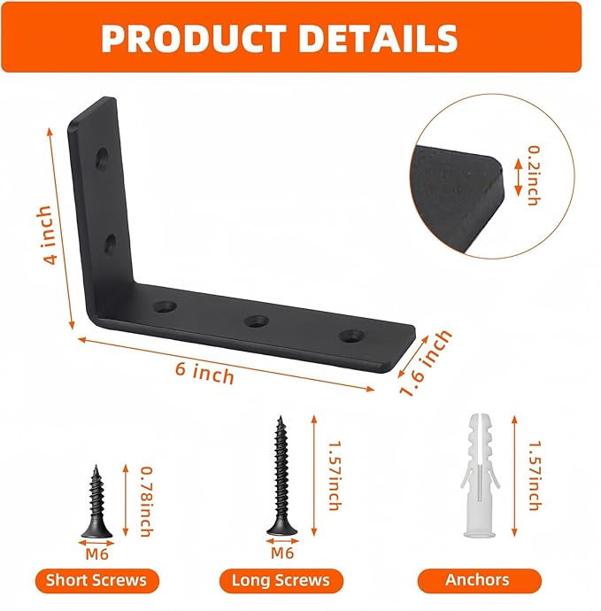 6 Pack Heavy Duty Floating Shelf Brackets, Black Metal L Wall Brackets, DIY Industrial Shelf Brackets - L 6" x H 4" x W 1.6" ( 15 Inch Thicked )