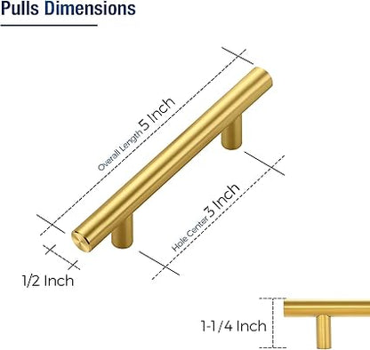 JOY DECOR 3 Pack Cabinet Handles, Gold Cabinet Pulls, 3 in Hole Center Kitchen Cabinet Handles, Stainless Steel T Bar Handles for Dresser Drawers