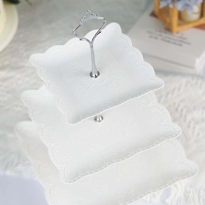 Efavormart 13"  3 Tier Floral Print Cupcake Stand, White Square Dessert Tray Display Holder with Wavy Edges - Plastic
