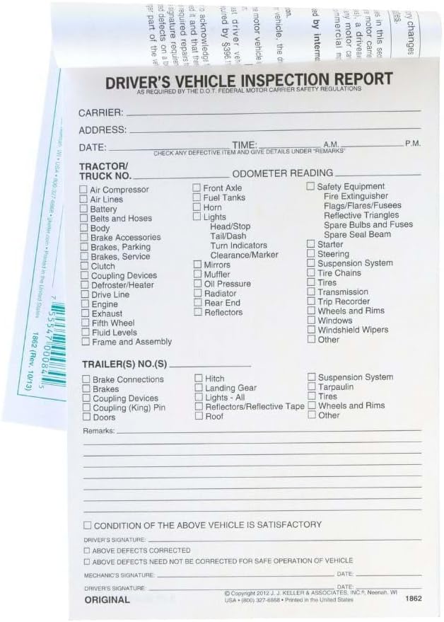 Detailed Driver's Vehicle Inspection Report 10-pk (1862 Rev 10/13). - Book Format with 31 Sets, 3-Ply, Carbonless, 5.5" x 8.5", Meet FMCSR Requirements, J. J. Keller & Associates, Inc.