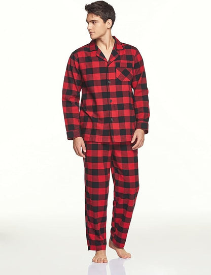 CQR Men's 100% Cotton Plaid Flannel Pajama Set, Brushed Soft Lounge & Sleep PJ Top & Bottom with Pockets