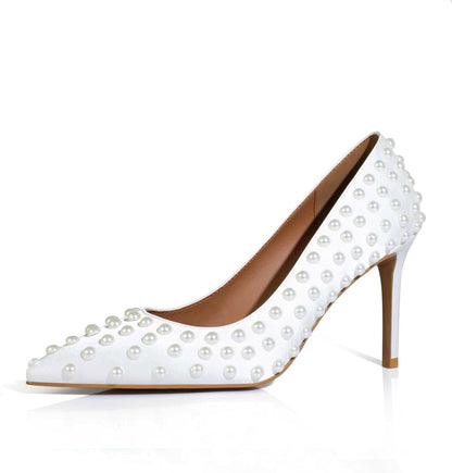 Women Sexy Stiletto High Heel Pumps Chic Pearl Studded Slip-on Shoes Satin Pointed Toe Fashion Dress Pumps Size 5-12 US