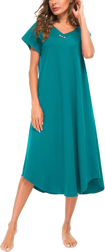 YOZLY Nightgowns for Women Short Sleeve Long Night Gowns Soft V Neck Sleepwear with Pockets