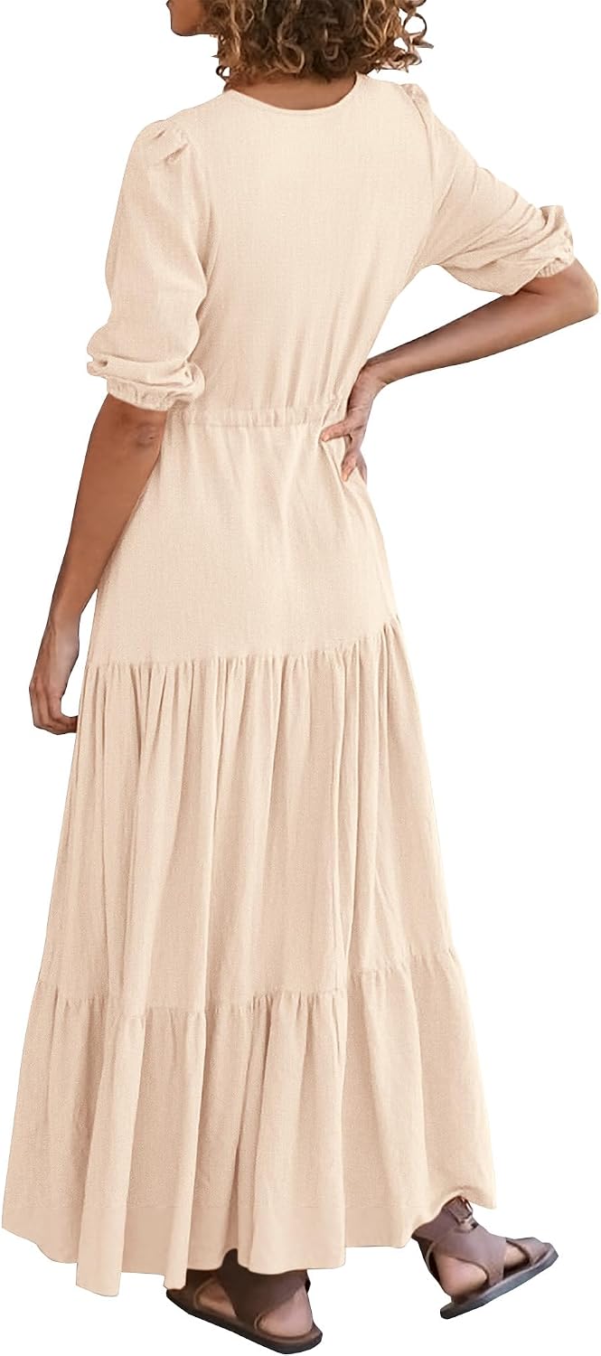 BTFBM Women Summer Dresses Short Sleeves V Neck Button Drawstring Maxi Dresses Solid Color Boho Long Dresses