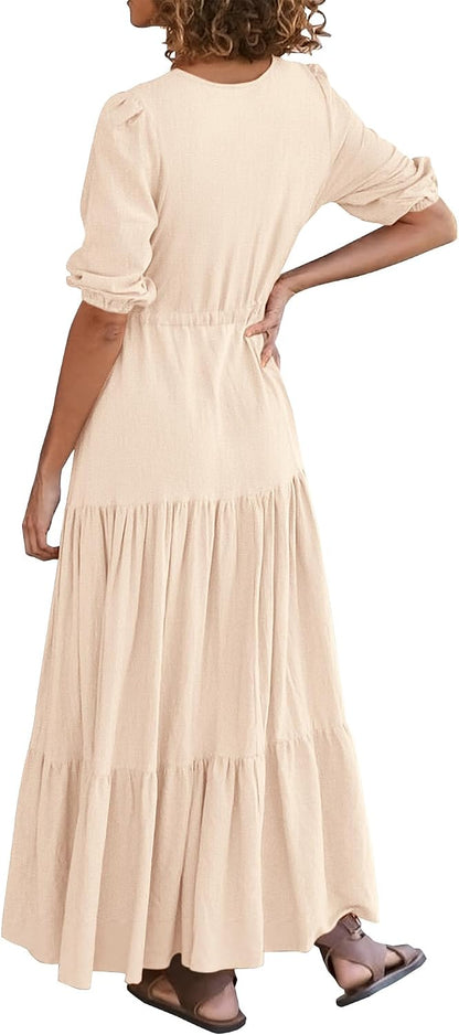 BTFBM Women Summer Dresses Short Sleeves V Neck Button Drawstring Maxi Dresses Solid Color Boho Long Dresses