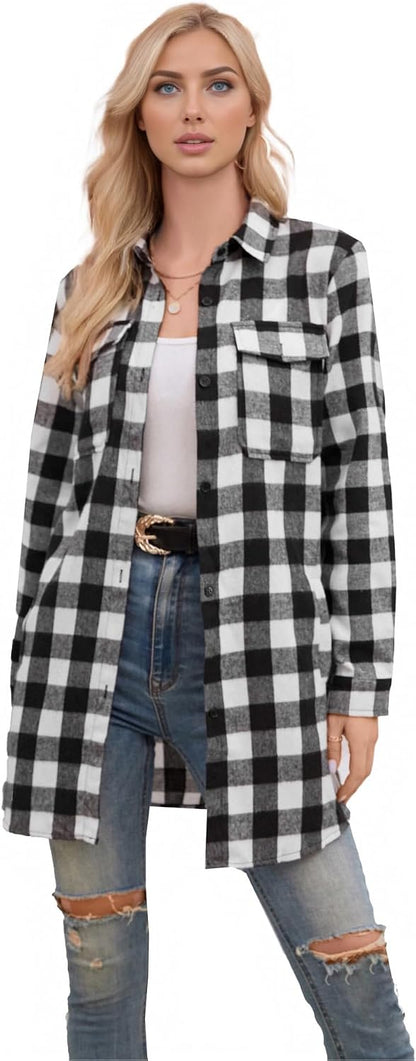 Women and Girls Oversized Flannel Plaid Shirt Mid-Length Casual Button Down Shirt with Pockets