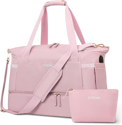 ETRONIK Gym Bag for Women, 55L Travel Duffel Bag with USB Charging Port, Weekender Overnight Bag with Wet Pocket and Shoes Compartment for Women Travel, Large Size (Pink)