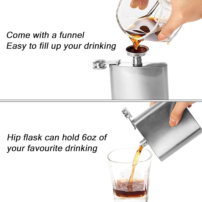Hillside-Kit Hip Flask Pocket Alcohol Dranking Flask 6 OZ Stainless Steel Leak proof with Funnel Flask set (Silver)