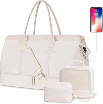 ETRONIK Weekender Overnight Bags for Women, Large Travel Duffle Bags with Shoe Compartment  Wet Pocket, Carry On Tote Bag Gym Duffel Bag with Toiletry Bags for Hospital 3 Pcs Set, Large Size, Beige