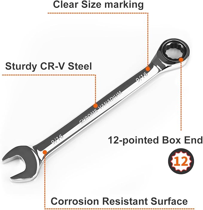Egofine 916 inch Ratcheting Combination Wrench SAE, Industrial Grade Gear Spanner with 12-Point Design, 72-Tooth Ratchet, Chrome Vanadium Steel