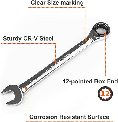 Egofine 916 inch Ratcheting Combination Wrench SAE, Industrial Grade Gear Spanner with 12-Point Design, 72-Tooth Ratchet, Chrome Vanadium Steel