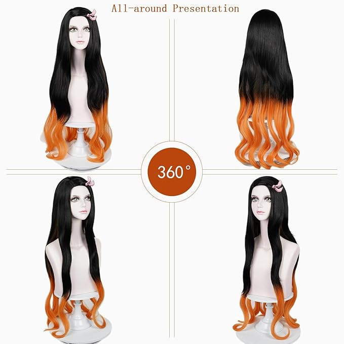 LABEAUTa Nezuko Cosplay Wig for Anime Black Orange Wig, Women Adult Long Halloween Character Costume Wigs Cosplay Clothes for Demon Slayer