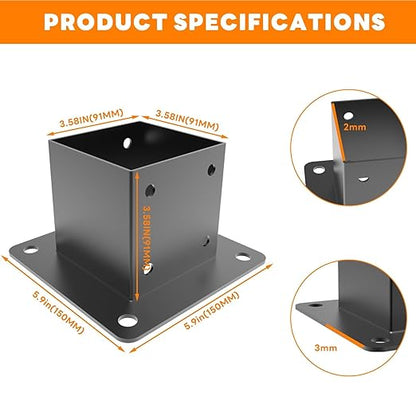 4x4 Post Base, Deck Post Brackets Powder Coated, Inner Size 3.5"x3.5", Heavy Duty Carbon Steel Fence Post Anchor Base for Deck Porch Railing Mailbox Fence Pergola Support (1 Pack)