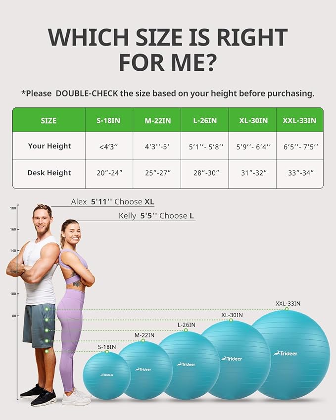 Trideer Extra Thick Yoga Ball Exercise Ball, 5 Sizes Gym Ball, Heavy Duty Ball Chair for Balance, Stability, Pregnancy, Quick Pump Included