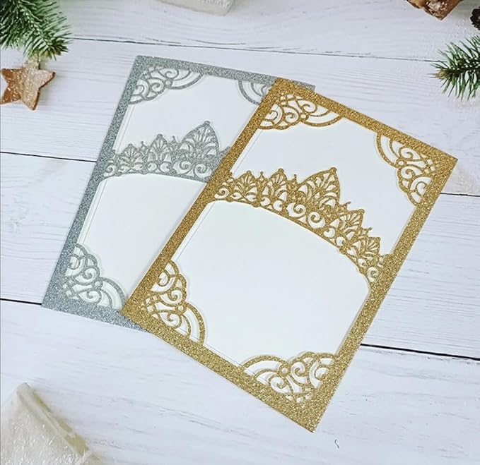 50 Pieces 5  7 Inch Crown Personalized Print Laser Cut Pocket Wedding Card Invitation Gold Silver Glitter Sweet 15 Quinceanera Invites (Silver)