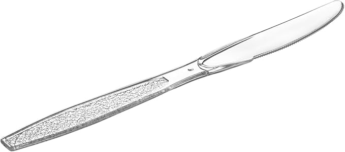 Comfy Package 300 Pack Clear Plastic Knives Heavy Duty with Engraved Design - Plastic Knives Disposable, Sturdy Plastic Silverware for Parties, Weddings, and Events